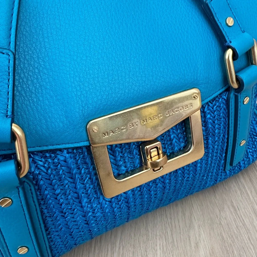 Marc‎ by Marc Jacobs Blue Leather Raffia Satchel Crossbody Bag Gold Hardware
